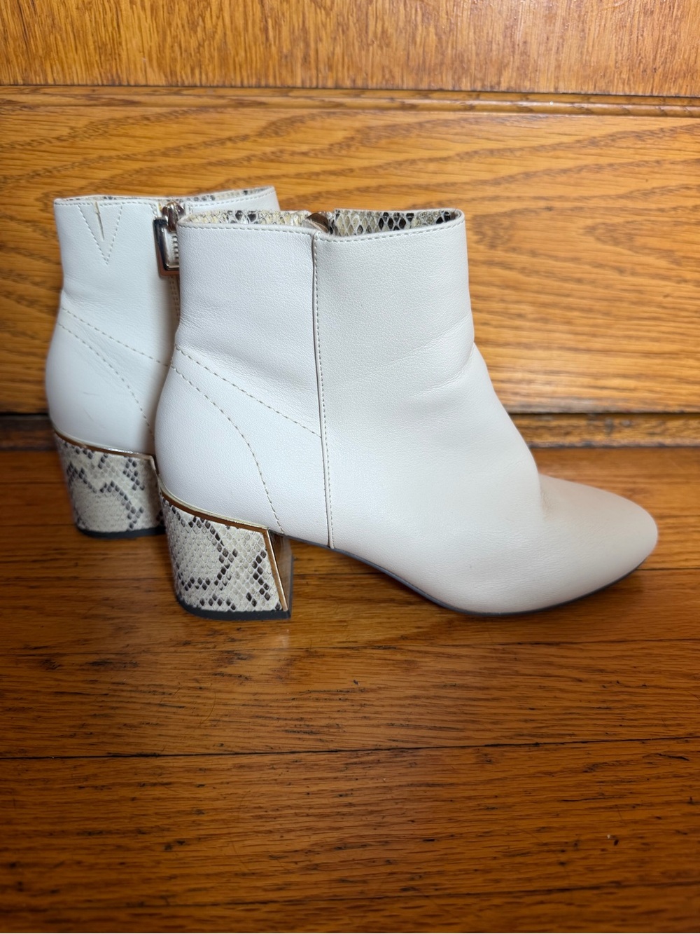 River Island White Leather Ankle Boots with Snake-Print Block Heel